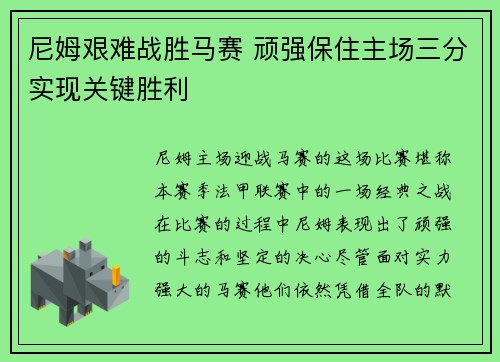 尼姆艰难战胜马赛 顽强保住主场三分实现关键胜利