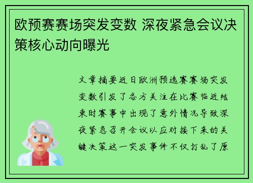 欧预赛赛场突发变数 深夜紧急会议决策核心动向曝光