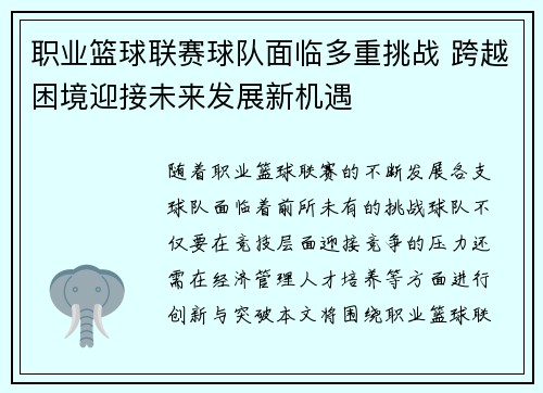 职业篮球联赛球队面临多重挑战 跨越困境迎接未来发展新机遇