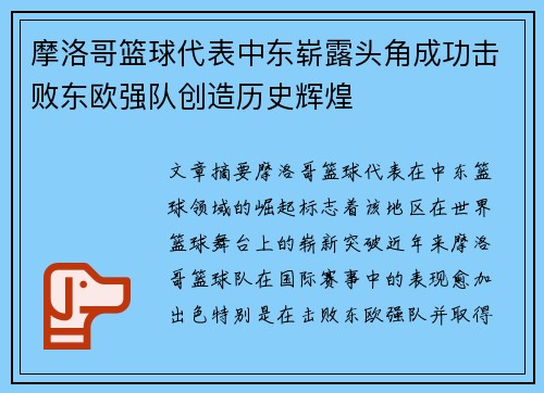 摩洛哥篮球代表中东崭露头角成功击败东欧强队创造历史辉煌