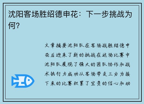 沈阳客场胜绍德申花：下一步挑战为何？